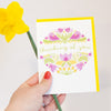 thinking of you flower card for a friend with purple birds and yellow flowers