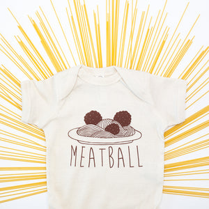 meatball baby onesie with a plate of spaghetti and some meatballs on top