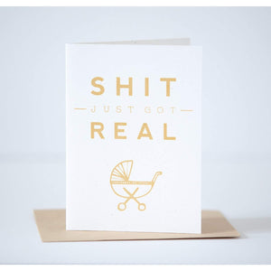 shit just got real new baby card, funny baby shower card, bestselling greeting card by exit343design