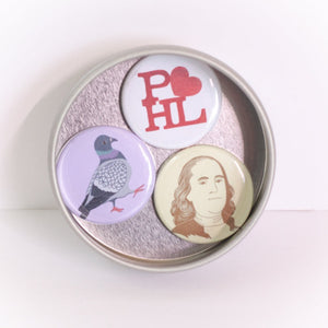 philadelphia magnet set with pigeon, ben franklin, and phl