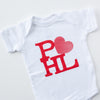 philly love statue baby onesie with red text on a white baby shirt